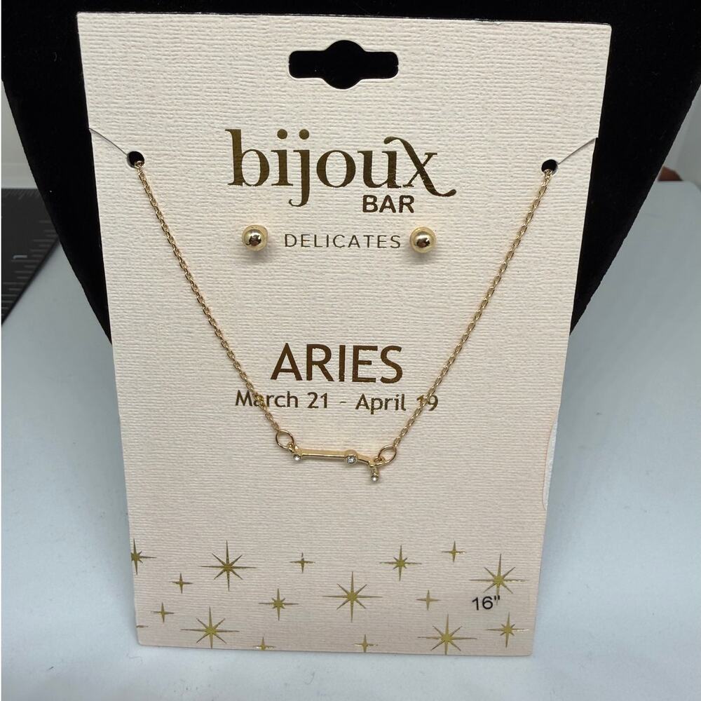 Aries Zodiac Necklace Earring Set Bijoux Bar Delicates Gold Tone NWT 16 Inch